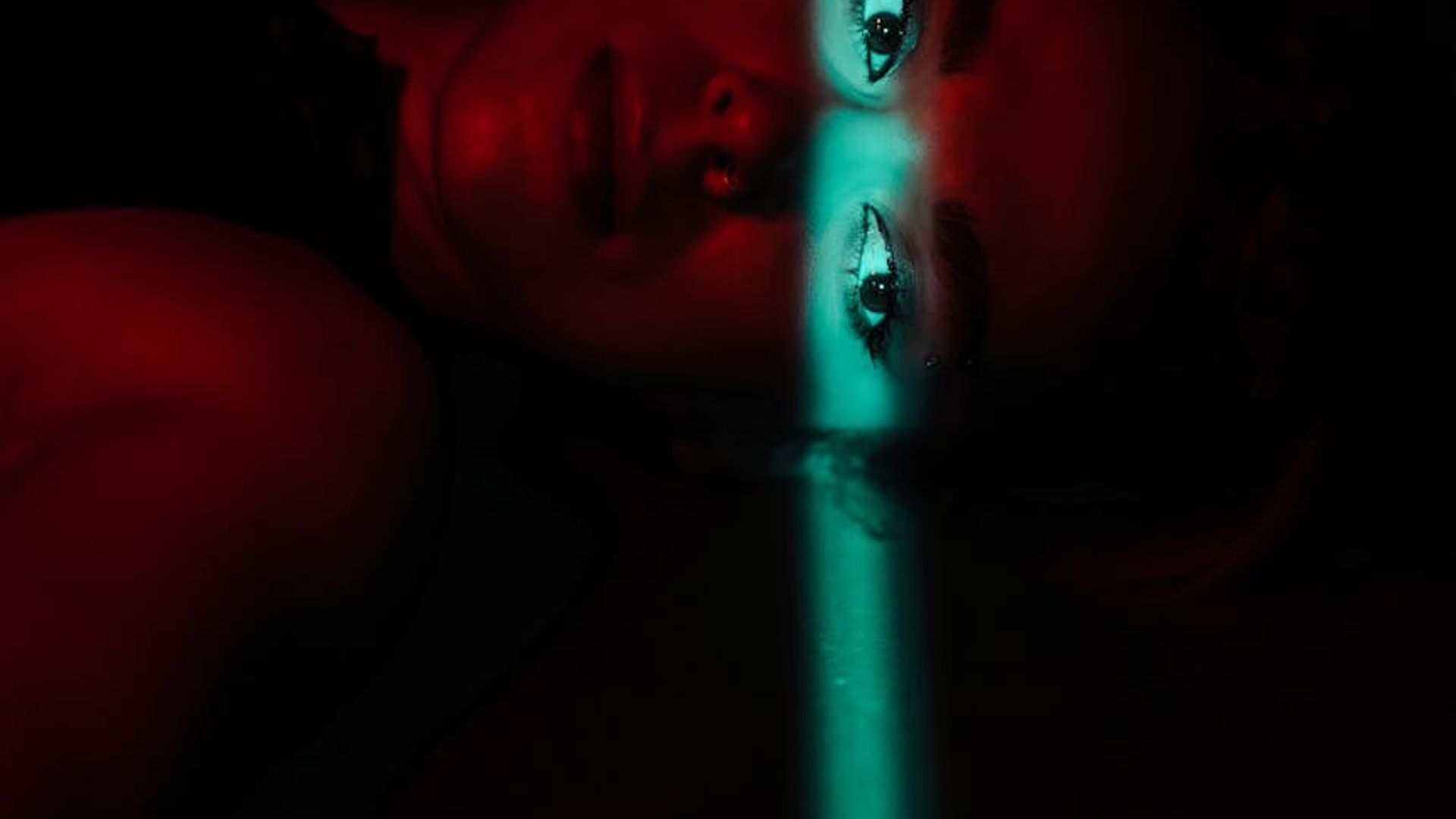 Serene dark yoga studio with neon cyan lighting accents